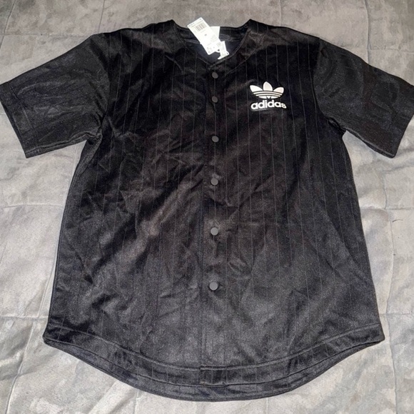 adidas Other - adidas Black Short Sleeve Button-Up Jersey with White Trefoil Logo